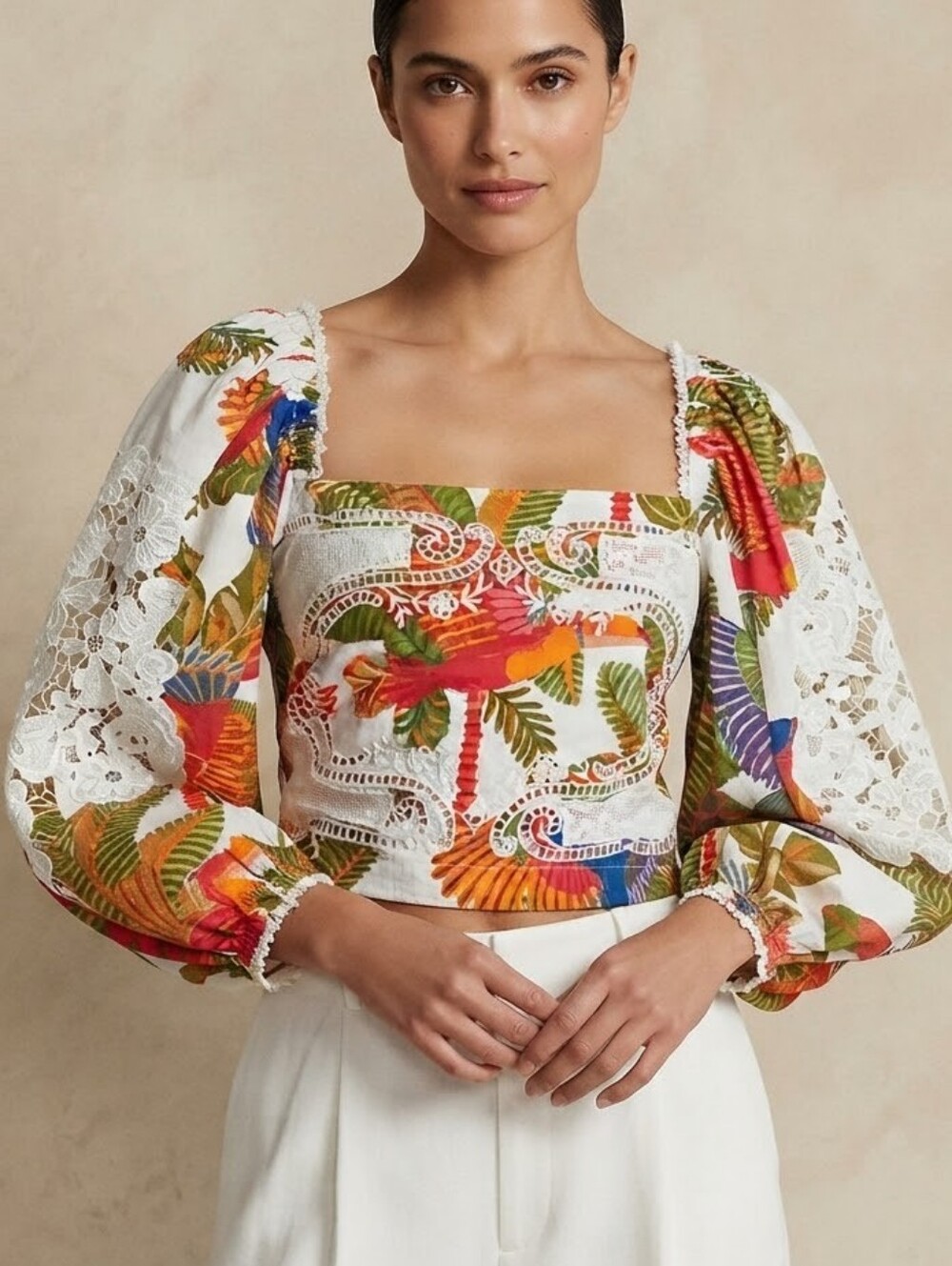 FARM Rio Off-White Forest Birds Lace Smocked Crop Top XS